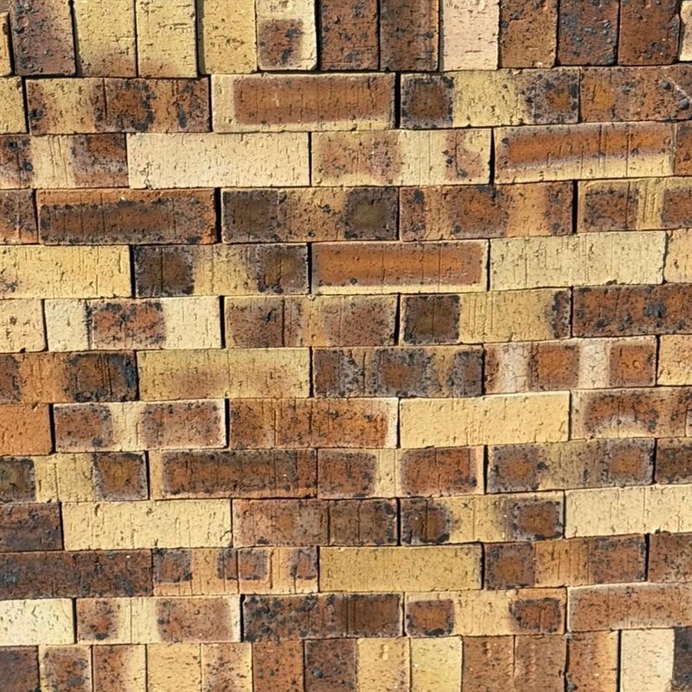 Iroko Travertine Dark Face Brick featuring a rugged travertine finish with a rich blend of deep peach and dark tones.