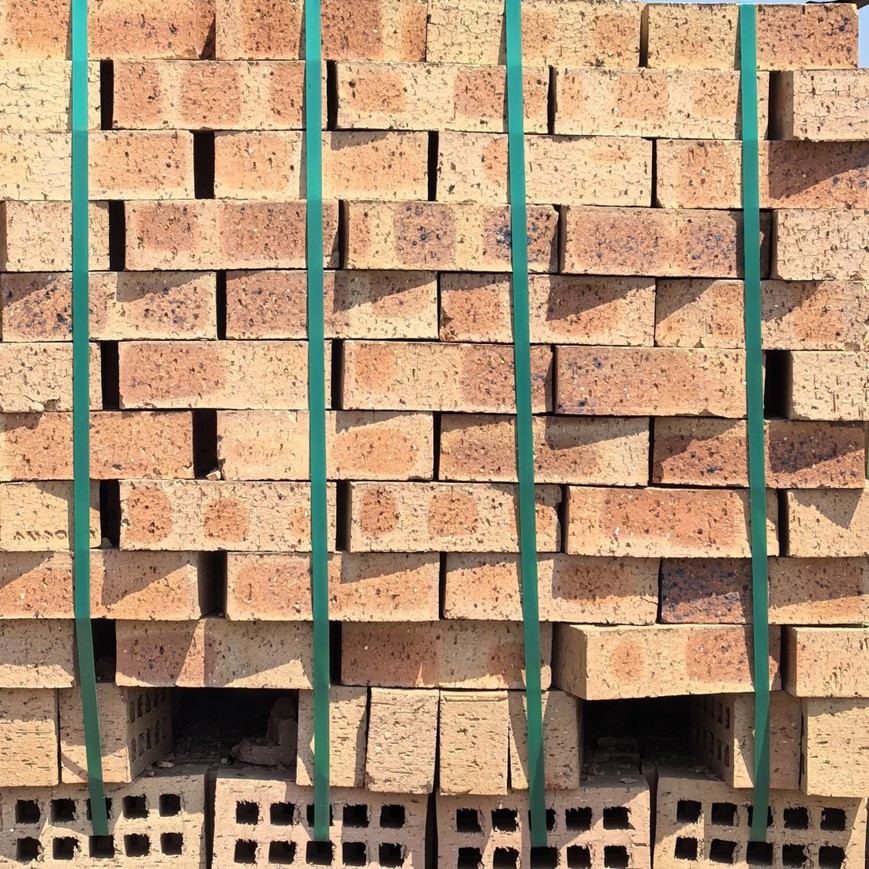 A close-up view of Nebraska Travertine face brick featuring a rustic, porous texture and a natural beige color palette for exterior wall cladding.