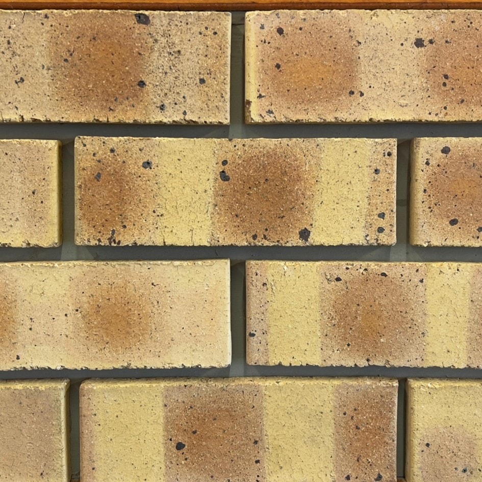 FBS Nkwe Satin Face Brick featuring vibrant orange and yellow tones with a smooth satin finish for bold architectural facades.