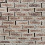 Front-on view of stacked Blue Barley Travertine face bricks showing light barley-cream clay body with dark flashed central spots and pitted travertine texture.