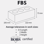 Technical specification diagram for Makoro FBS face bricks showing standard dimensions of 222mm x 106mm x 73mm and BOBS certification.