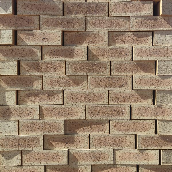 Front-on view of stacked Golden Wheat Travertine face bricks showing warm golden-wheat clay body, pitted travertine surface texture, soft central flashed spots, and iron speckling under sunlight.