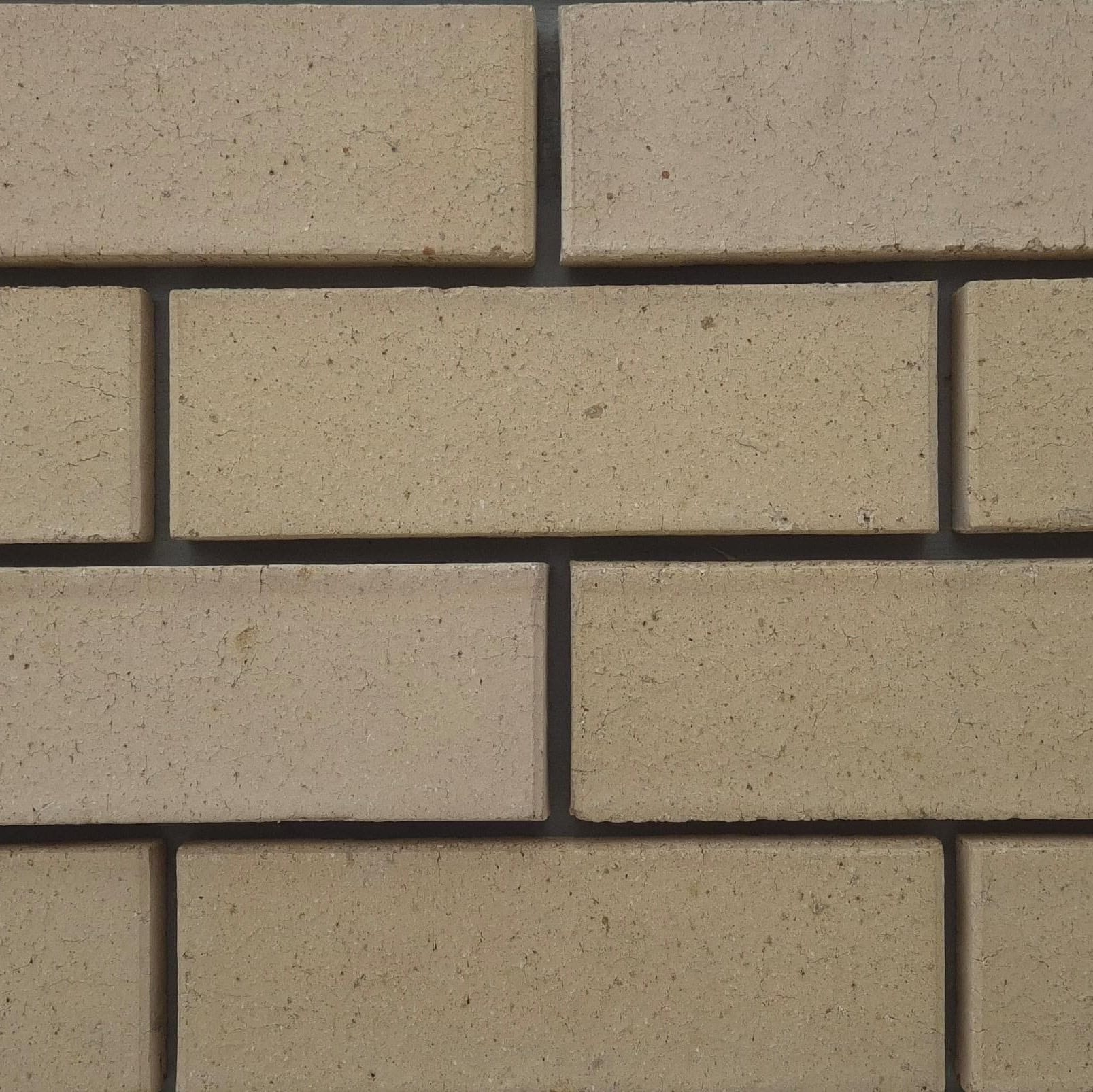 Close-up of Ivory Satin face bricks laid in a wall section with dark mortar joints showing fine speckled texture and uniform cream tone.