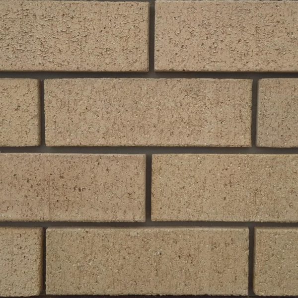 Close-up of Ivory Travertine face bricks laid in a wall panel with grey mortar joints showing rustic pitted travertine texture and uniform cream color.