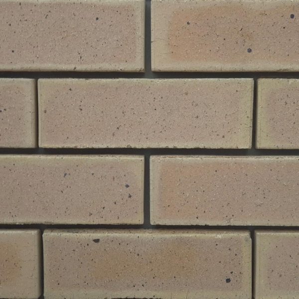Close-up of Marble Satin face bricks laid in a wall section showing subtle pink-tan hues, smooth satin finish, and dark iron spot speckling.