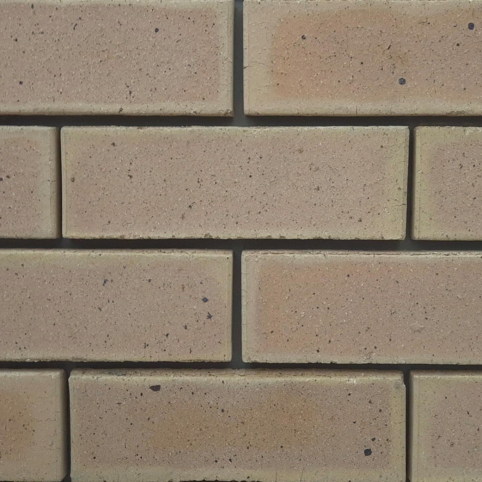 Close-up of Marble Satin face bricks laid in a wall section showing subtle pink-tan hues, smooth satin finish, and dark iron spot speckling.
