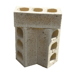 Three Marble Travertine clay face bricks arranged vertically on an isolated background showcasing rustic travertine texture, core hole perforations, and light speckled tan color.