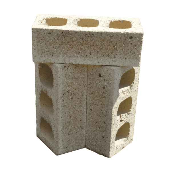 Three Marble Travertine clay face bricks arranged vertically on an isolated background showcasing rustic travertine texture, core hole perforations, and light speckled tan color.