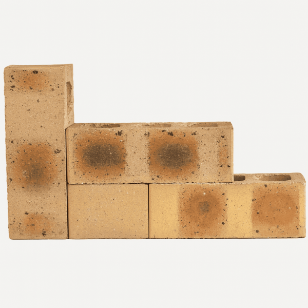 Studio shot of four Nkwe Satin face bricks arranged in a stepped layout on a plain background showing dark center flashing marks and smooth satin finish.