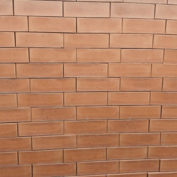 Front-on view of stacked Ruby Light Satin face bricks showing smooth satin surface texture, warm terracotta-peach clay body, and subtle iron speckling under bright sunlight.
