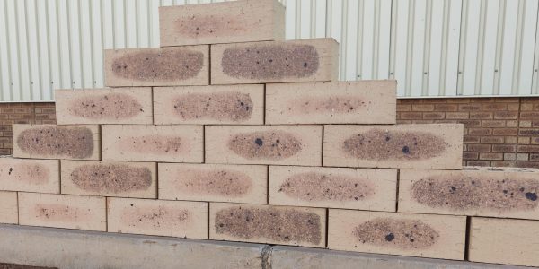 Outdoor pyramid stack display of Savanna Satin face bricks showing smooth satin texture, pale golden-wheat clay body, dark charcoal heat-flashed centers, and iron speckling.