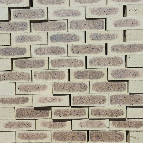 Front-on view of stacked Savanna Satin face bricks showing smooth satin finish, light wheat-cream clay body, dark grey-purple heat-flashed centers, and iron speckling under bright daylight.