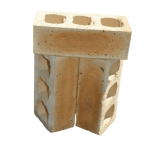 Studio isolation shot of three Sunrise Satin clay face bricks arranged vertically showcasing three core perforations, smooth satin finish, and warm apricot-tan face tones.