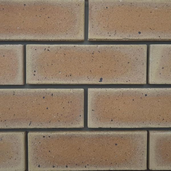 Close-up of Sunrise Satin face bricks laid in a wall panel with dark mortar joints showing warm golden-orange tones, smooth satin finish, and iron spots.