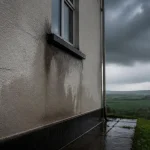 Plastered house wall with dark damp streaks below a window during driving rain